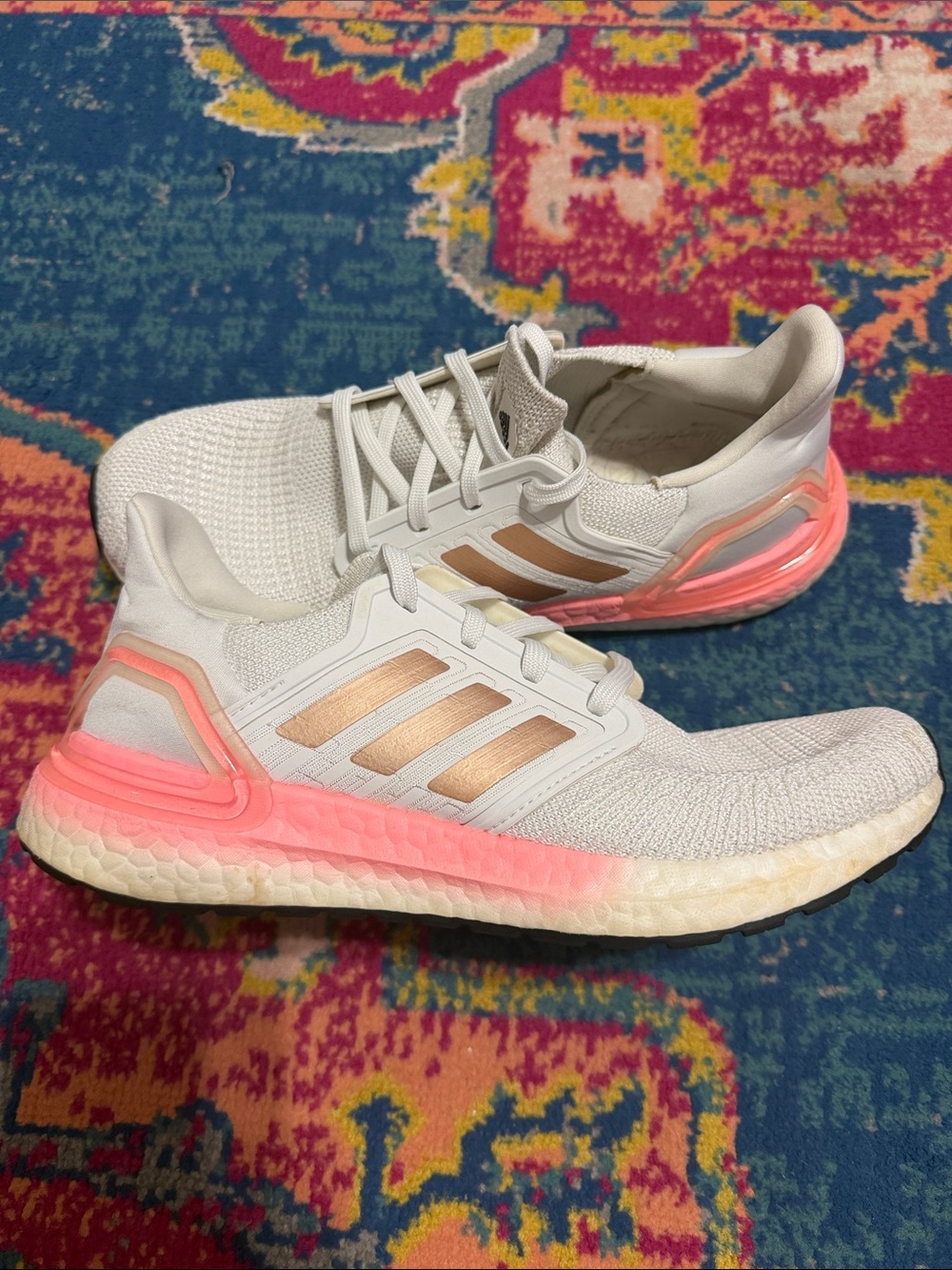 Adidas Ultraboost size 7.5 White Running Sneakers with Coral Heel Accent